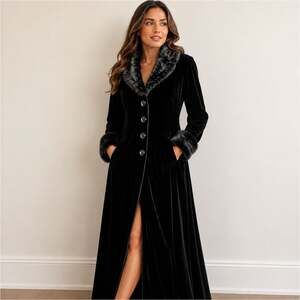 Luly K Vintage Black Velvet Duster Coat with Faux Fur Trim and Rhinestone Button
